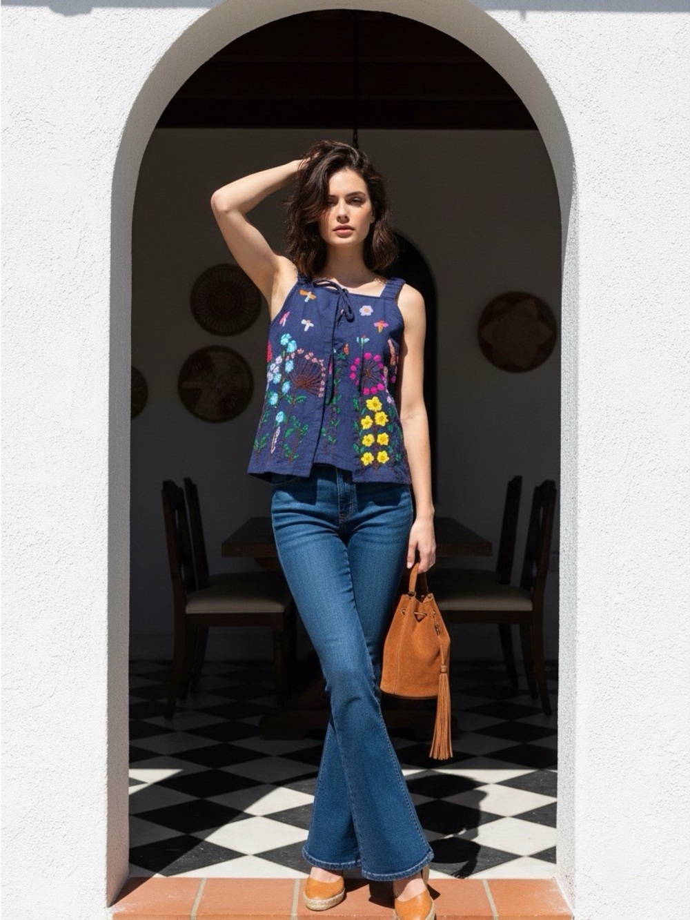 Navy Floral Embroidered Sleeveless Top